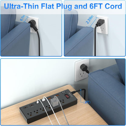 Power Strip,  Surge Protector with 6 AC Outlets & 6 USB Ports (3 USB-C & 3 USB-A), 20W PD Fast Charging USB-C, 6 Ft Flat Plug Extension Cord with Multiple Outlet, 1625W/13A, for Home Office