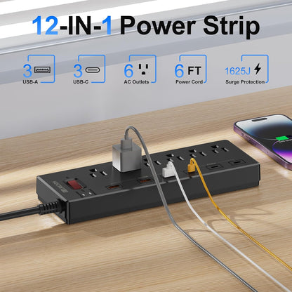 Power Strip,  Surge Protector with 6 AC Outlets & 6 USB Ports (3 USB-C & 3 USB-A), 20W PD Fast Charging USB-C, 6 Ft Flat Plug Extension Cord with Multiple Outlet, 1625W/13A, for Home Office