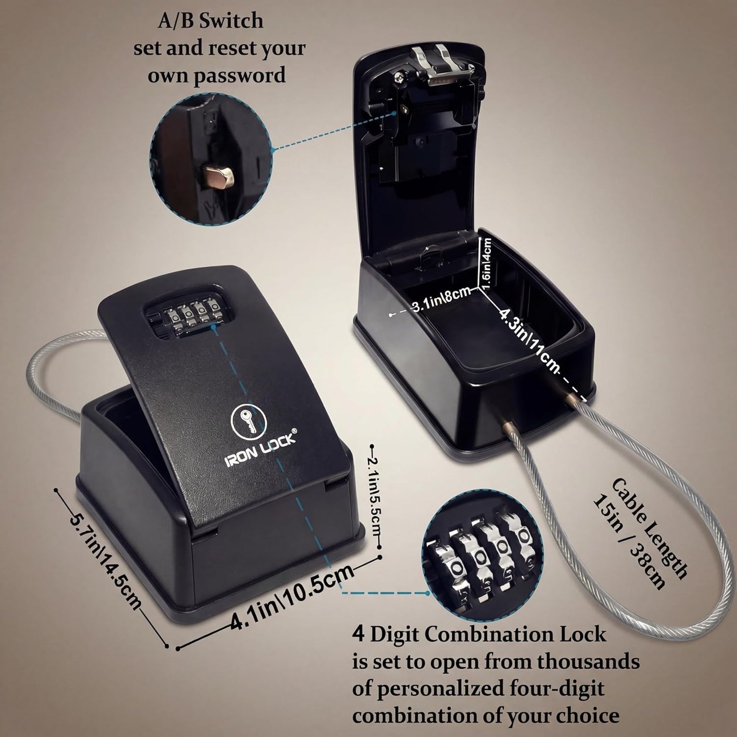 ® Key Lock Box Portable with Cable Shackle & Wall Mount – Waterproof Heavy Duty Metal Lock Box for Keys with 4-Digit Combination Code on Door Knob, Fence, Pipe or Gate Extra Large(Black, XXL)
