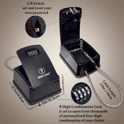 ® Key Lock Box Portable with Cable Shackle & Wall Mount – Waterproof Heavy Duty Metal Lock Box for Keys with 4-Digit Combination Code on Door Knob, Fence, Pipe or Gate Extra Large(Black, XXL)