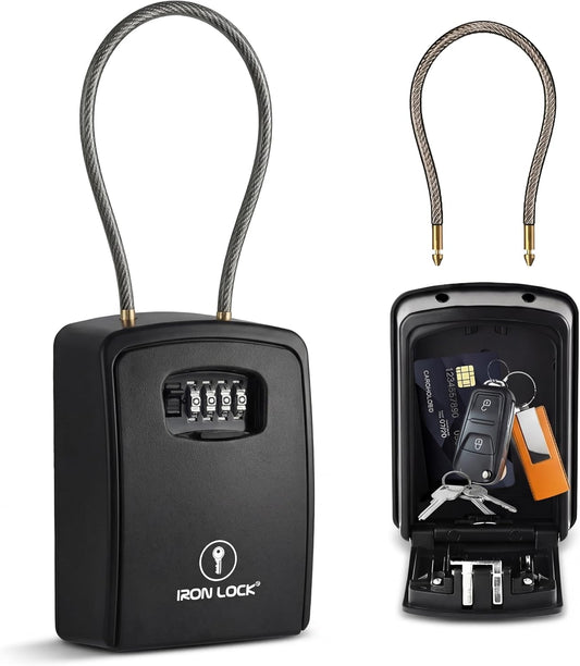 ® Key Lock Box Portable with Cable Shackle & Wall Mount – Waterproof Heavy Duty Metal Lock Box for Keys with 4-Digit Combination Code on Door Knob, Fence, Pipe or Gate Extra Large(Black, XXL)