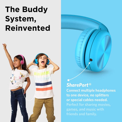 Connect+ Pro Wired Kids Headphones for School with Microphone, Volume Limiting Over-Ear Headset with Cord, Shareport Technology & Softtouch Padding, Blue