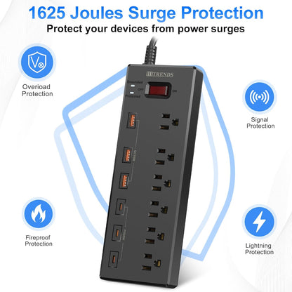 Power Strip,  Surge Protector with 6 AC Outlets & 6 USB Ports (3 USB-C & 3 USB-A), 20W PD Fast Charging USB-C, 6 Ft Flat Plug Extension Cord with Multiple Outlet, 1625W/13A, for Home Office