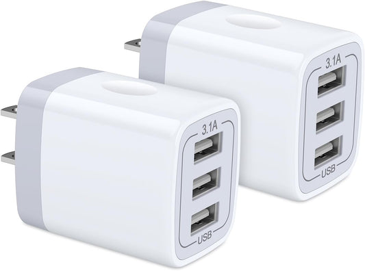 USB Wall Charger,  2Pack Wall Plug 3-Port USB Charging Station 3.1A Power Adapter Multi Port Quick Charger Block Cube for Iphone 17 16 15 14 13 12 11 Pro XS MAX 8 Ipad Samsung Galaxy S25 S24 S23