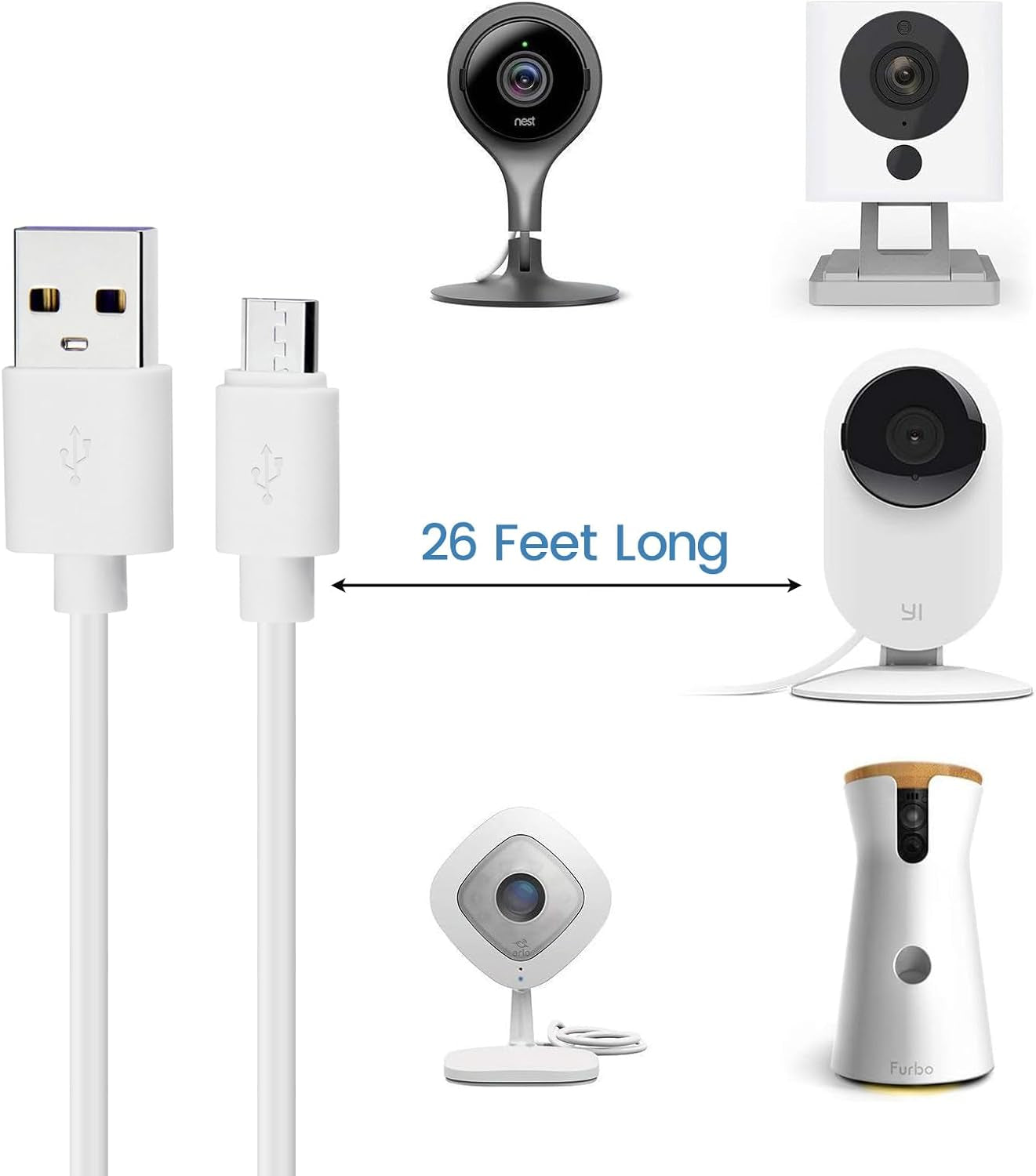 Micro USB Extension Cable Replacement for Wyze Cam V3 or Pan V2, Yi Outdoor Camera - Long Power Cord 25 Ft, White, 3-Pack